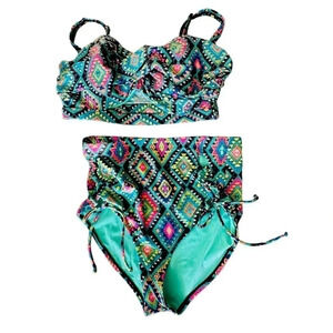 Forever 21 XL/1X multi color boho print high waist bikini bottoms + matching top